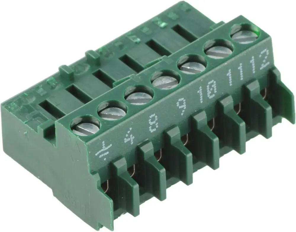 Grüne 7-polige Anschlussklemme von Bosch mit Schraubverbindungen für elektrotechnische Anwendungen, angeordnet in zwei Reihen.